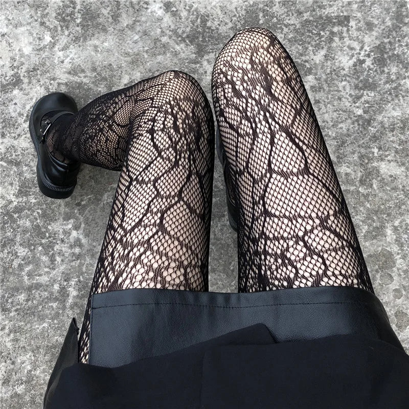 Gothic Women Lolita Leggings Hollowed Out Mesh retro Girls Stockings Japanese Bottomed Lace Pantyhose Floral Rattan Black Tights