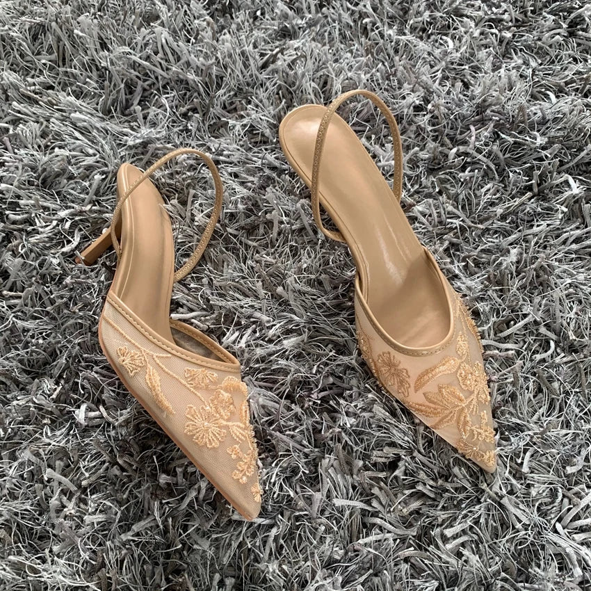 Luxury Brand High Heels Women Sandals Mesh Embroider Elegant Pointed Ladies Slingback Evening Party Wedding Bridal Dress Shoes.