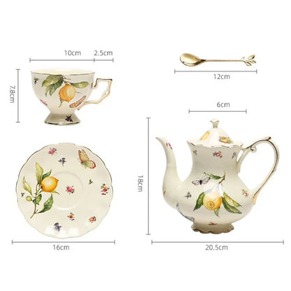 European Style Ceramic Mug Coffee Cup and Saucers Set Lemon Pattern Retro Afternoon tea cup Dessert Plate Teapot Home kettle.