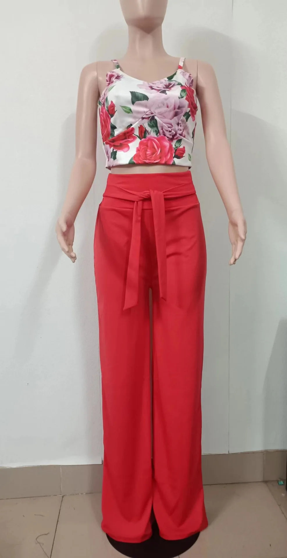 Women Fashion Print Halter V-Neck Short Tank Suit Tops Long Pants Matching Set Summer Casual Female Slim Pants Two Piece Sets.