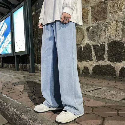2024 New Streetwear Loose Jeans Men Korean Style Fashion Loose Straight Wide Leg Pants Men's Brand Clothing Black Light Blue.