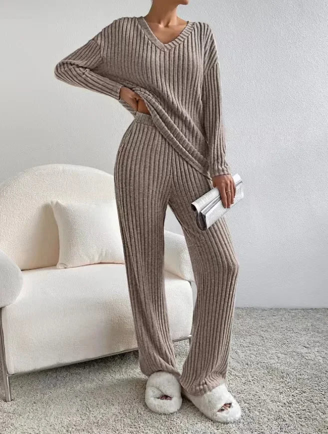 Women's Pajamas Autumn Winter New Casual Straight Pants Pullover Sleepwear Loose V Neck Knitted Home Wear Two Piece Loungewear.