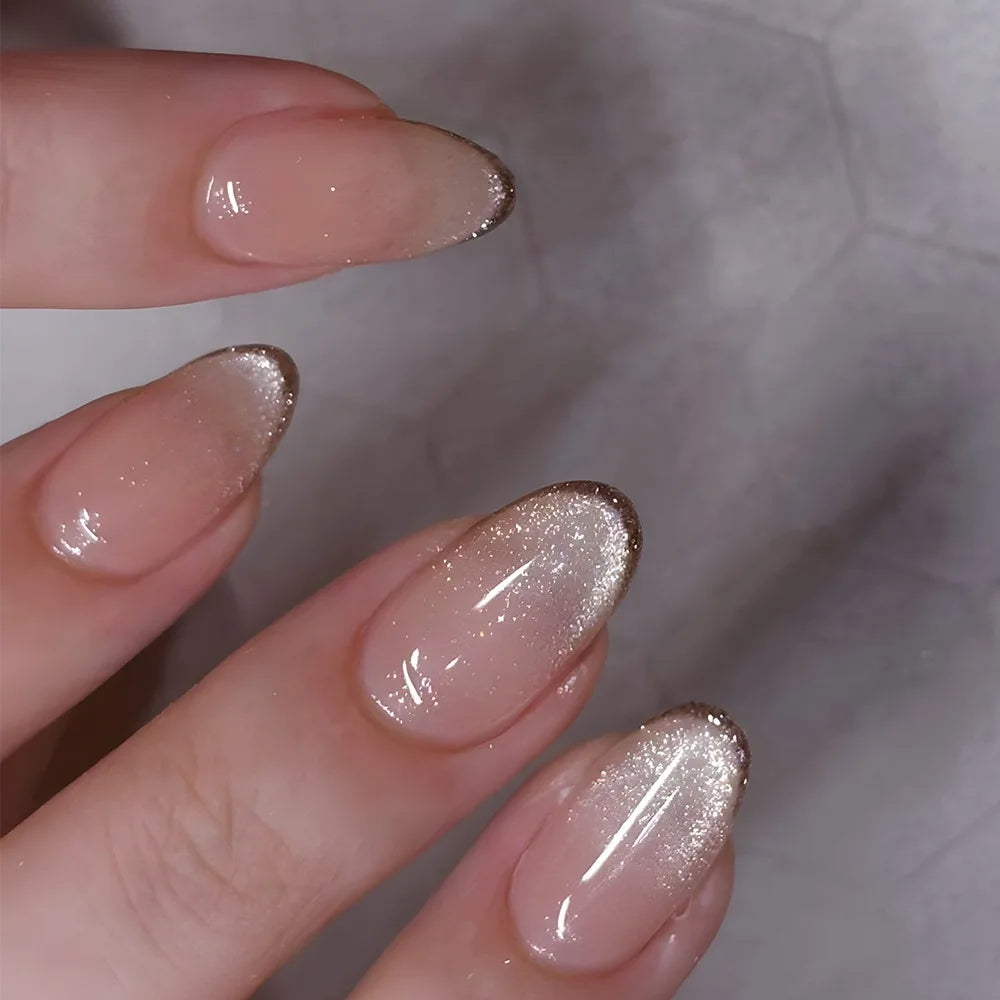 24Pcs Metallic Cat Eye French Sheer Manicure Tip Art Textured 3D Acrylic False Nails Nude Pink Almond Medium Press on Fake Nails.