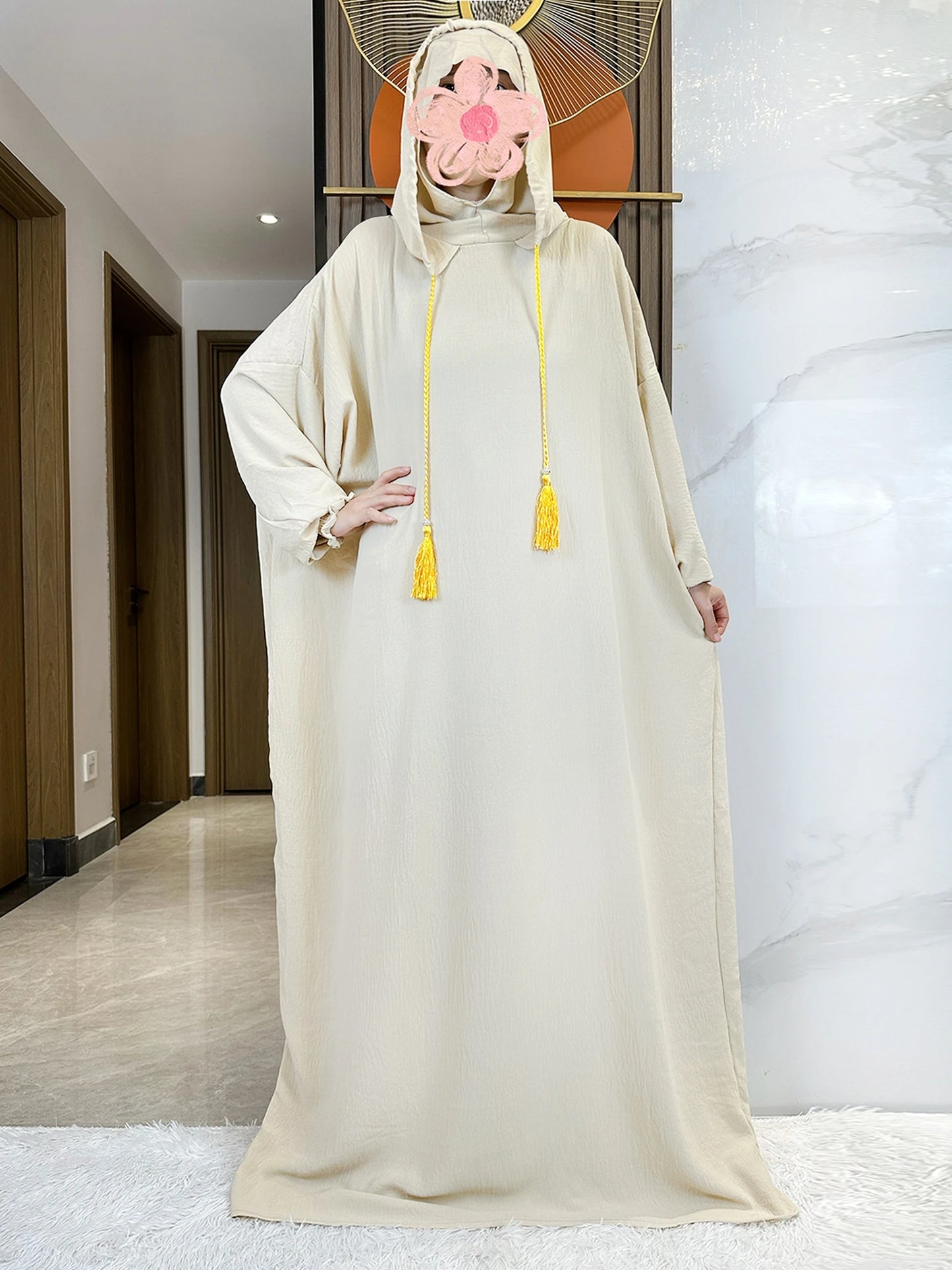 Muslim Abaya Solid Cotton Pullover Two Hat Women Eid Hooded Long Maxi Dress Turkey Kaftan Arab Robe Islamic Hijab Dubai Clothing.