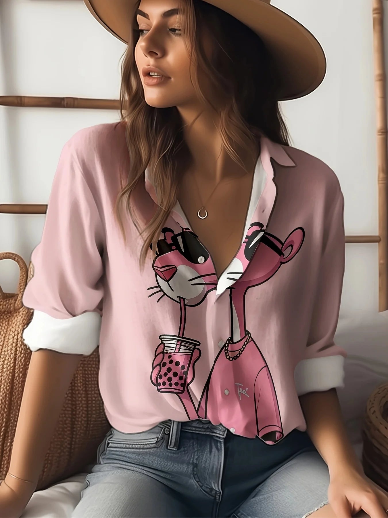 Women's Long Sleeve Shirt Cute Pink Leopard Cartoon Print Casual Button Lapel Casual Tops.