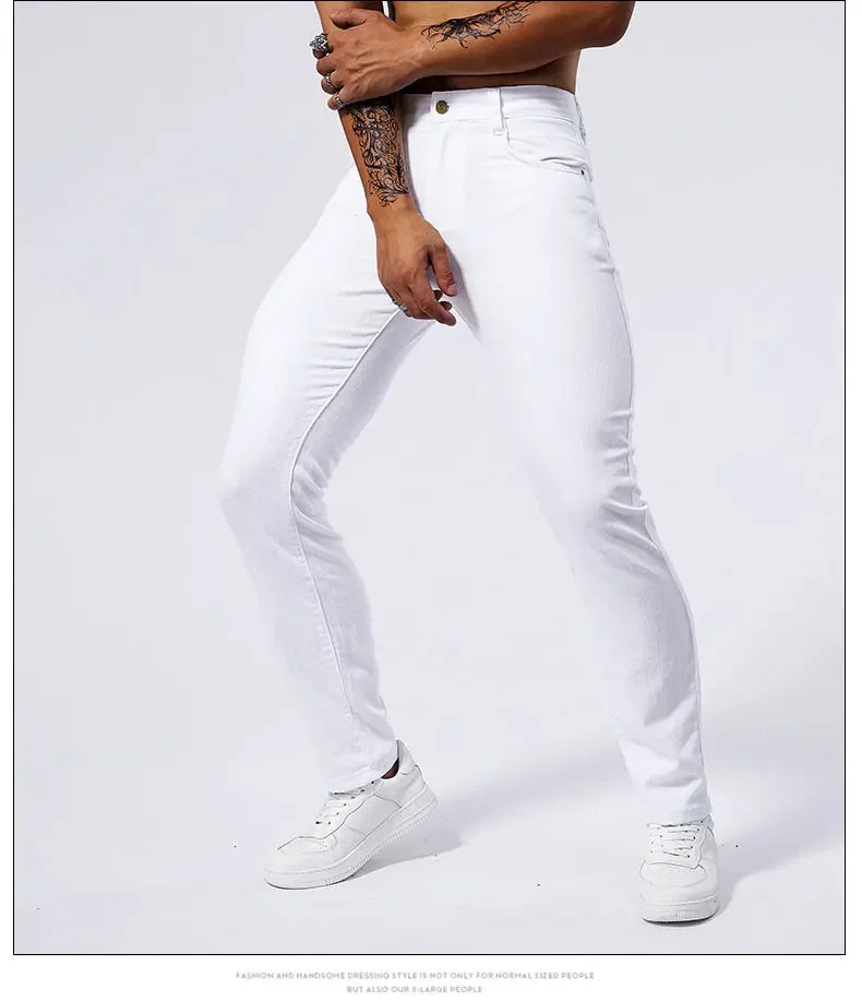 Men's White Casual Jeans New Denim Pants Comfortable Fashion Stretch Slim Fit Straight Trousers Male Clothing Streetwear.