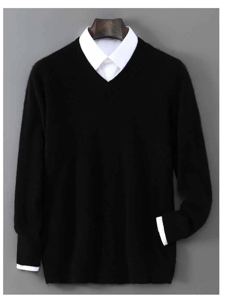 2025 Autumn Winter New Men's Wool Sweater Solid Color V-Neck Pullover Sweater Casual Loose Business Knit Plus Size Base Sweaters