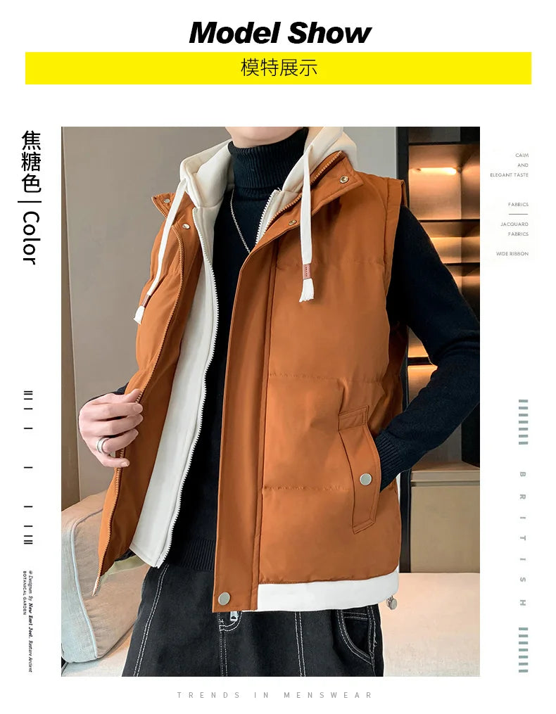 Men Windproof Hooded Vest Men Jacket Sleeveless Vest Winter Jacket Casual Coat Men Down Cotton Warm Thicken Waistcoat Thick Coat.