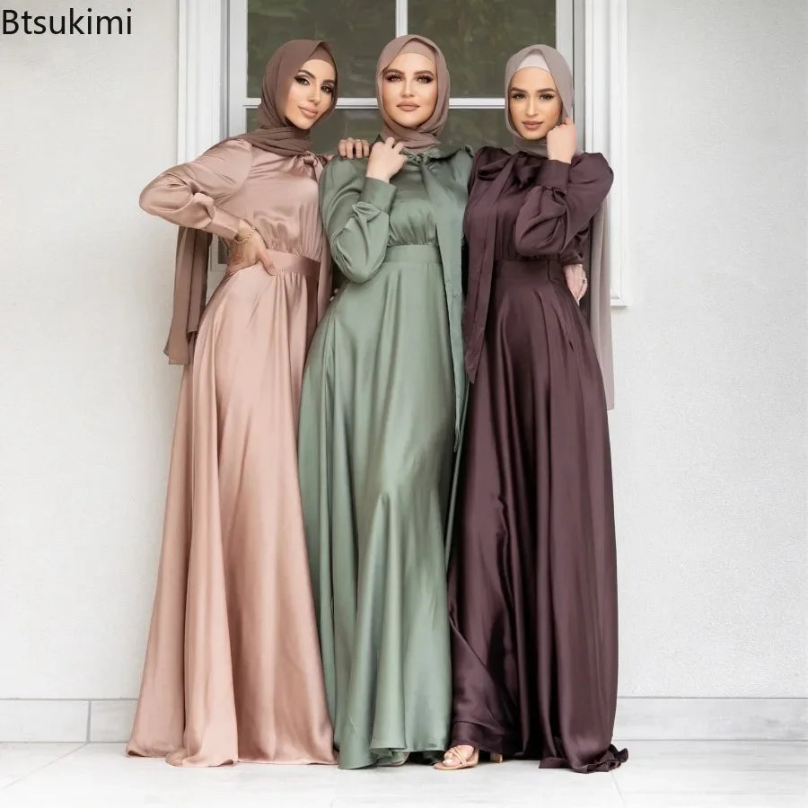 Elegant Satin Dress for Women Muslim Fashion Abaya Hijab Dubai Turkey Evening Dresses Arabic Kaftan Robe Female Islamic Clothing.