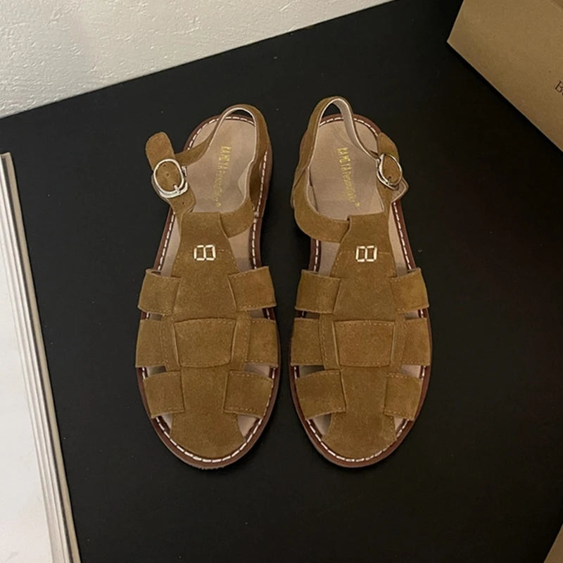 DIMANYU Women's Roman Sandals 2023 Summer New Flat Retro Real Leather Ladies Sandals Hollowed Women's Cage Shoes.