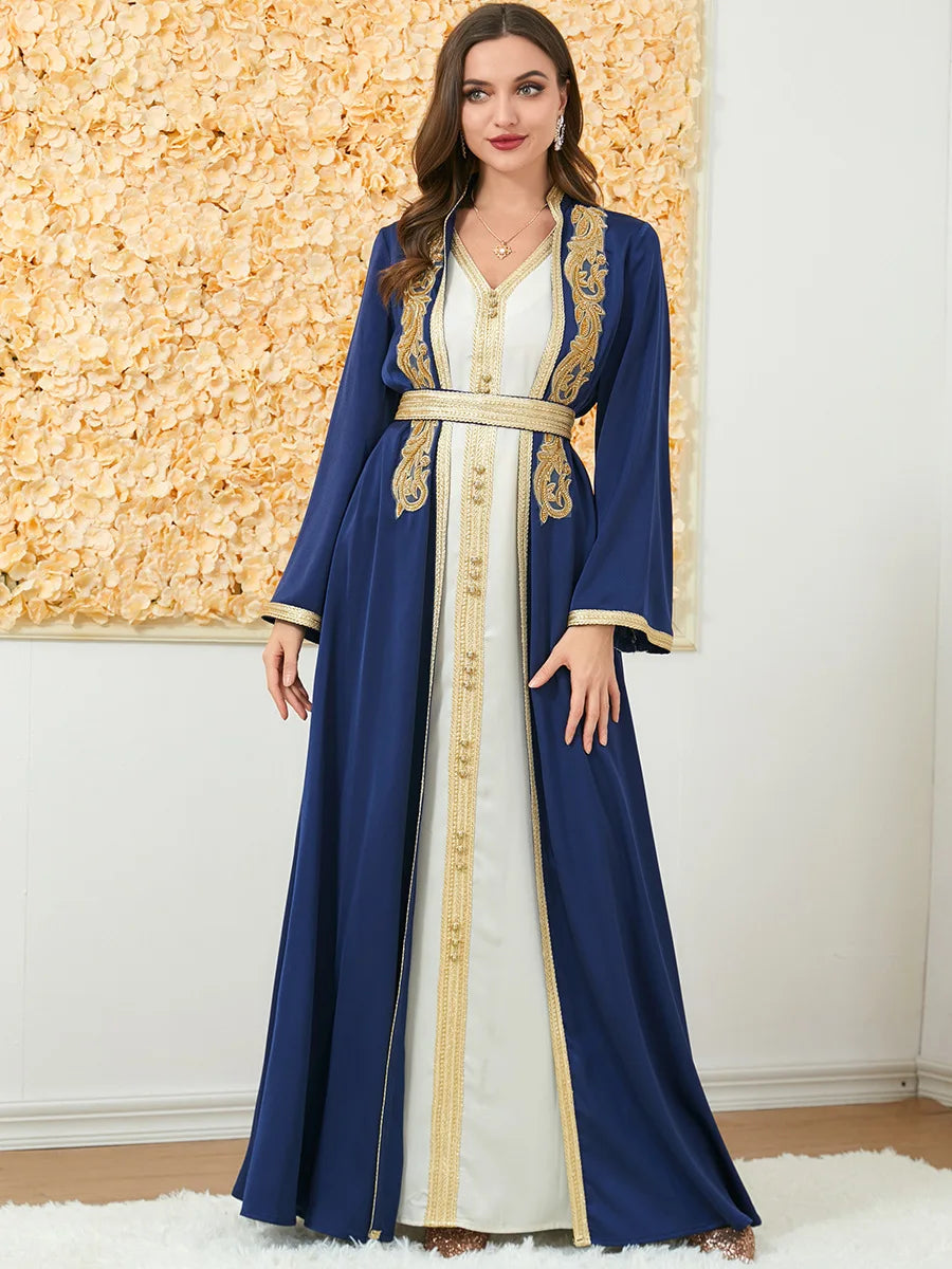 Maßgeschneiderte muslimische Sets, elegante muslimische Frauen, Sommer, langärmelig, V-Ausschnitt, Polyester, lila, 2-teiliges Kleid, Mantel, passende Sets, Muslim