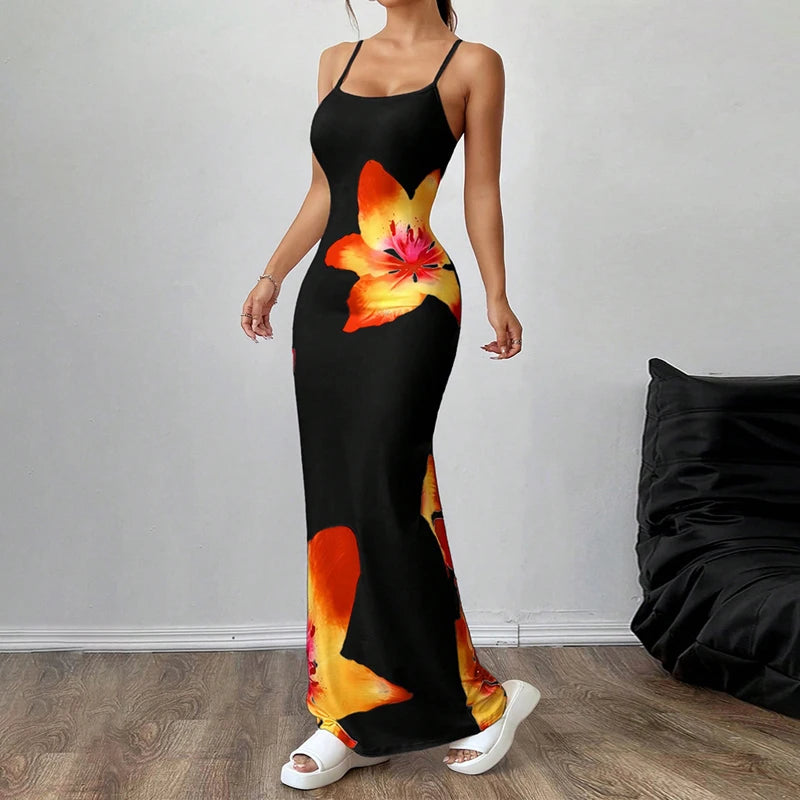 Frauen Sommer Spaghetti Strap Kleid Casual Blumen Druck Bodycon Party Kleid für Urlaub Cocktail Strand Streetwear.