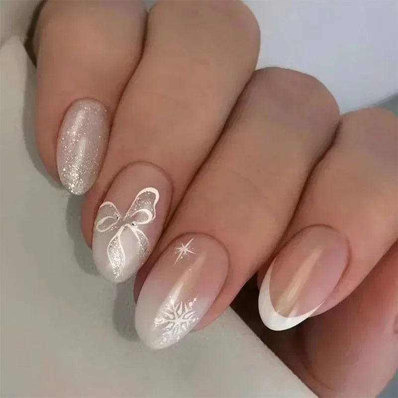 24Pcs Christmas Press on Nails White Snowflake  Fake Nails French Almond Glitter Artificial Nails Full Cover Nail New Year Gifts.
