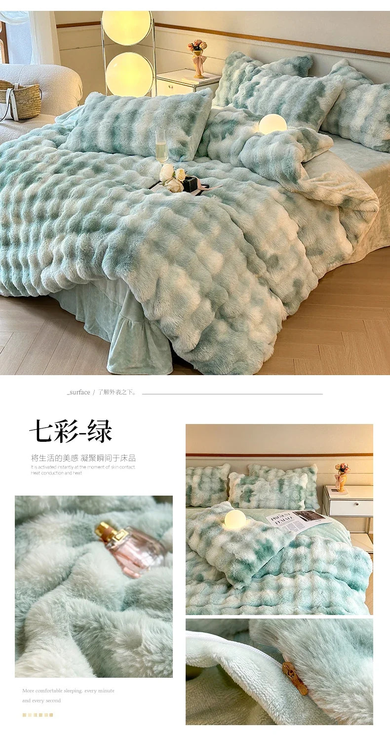 2024 new solid color colorful rabbit wool four-piece set, one side of rabbit fur and one side of milk wool thickened warm
