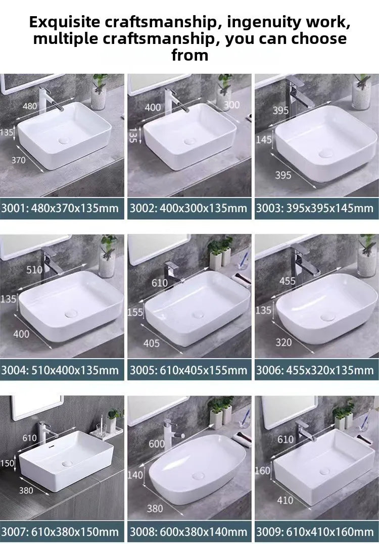 Hotel Commercial Square Weiß Keramik Aufsatzwaschbecken Waschtisch Waschtisch Porzellan Multi-Size für Badezimmer Balkon
