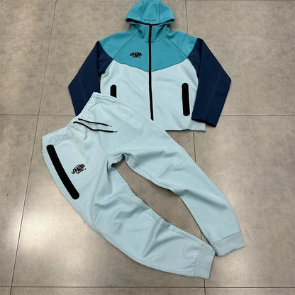 Casual Embroidered Fleece Lined Open Cardigan Hooded Zipper Pants Set for Men And Women Color Block Design by Syna.