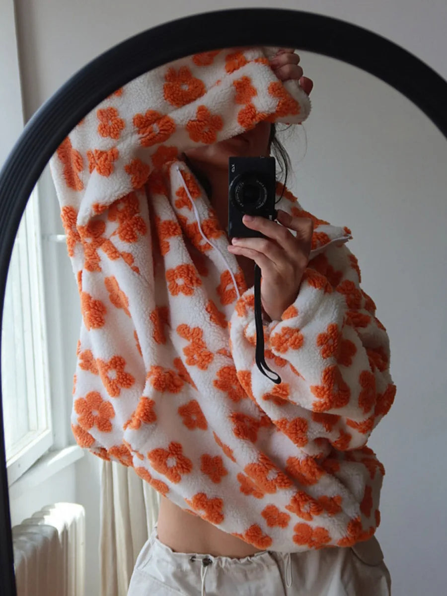 Sumuyoo Autumn Winter Women's Sherpa Floral Pullover Hoodies Half Zip Style Loose Fit Warm Stylish New Sweatshirt.