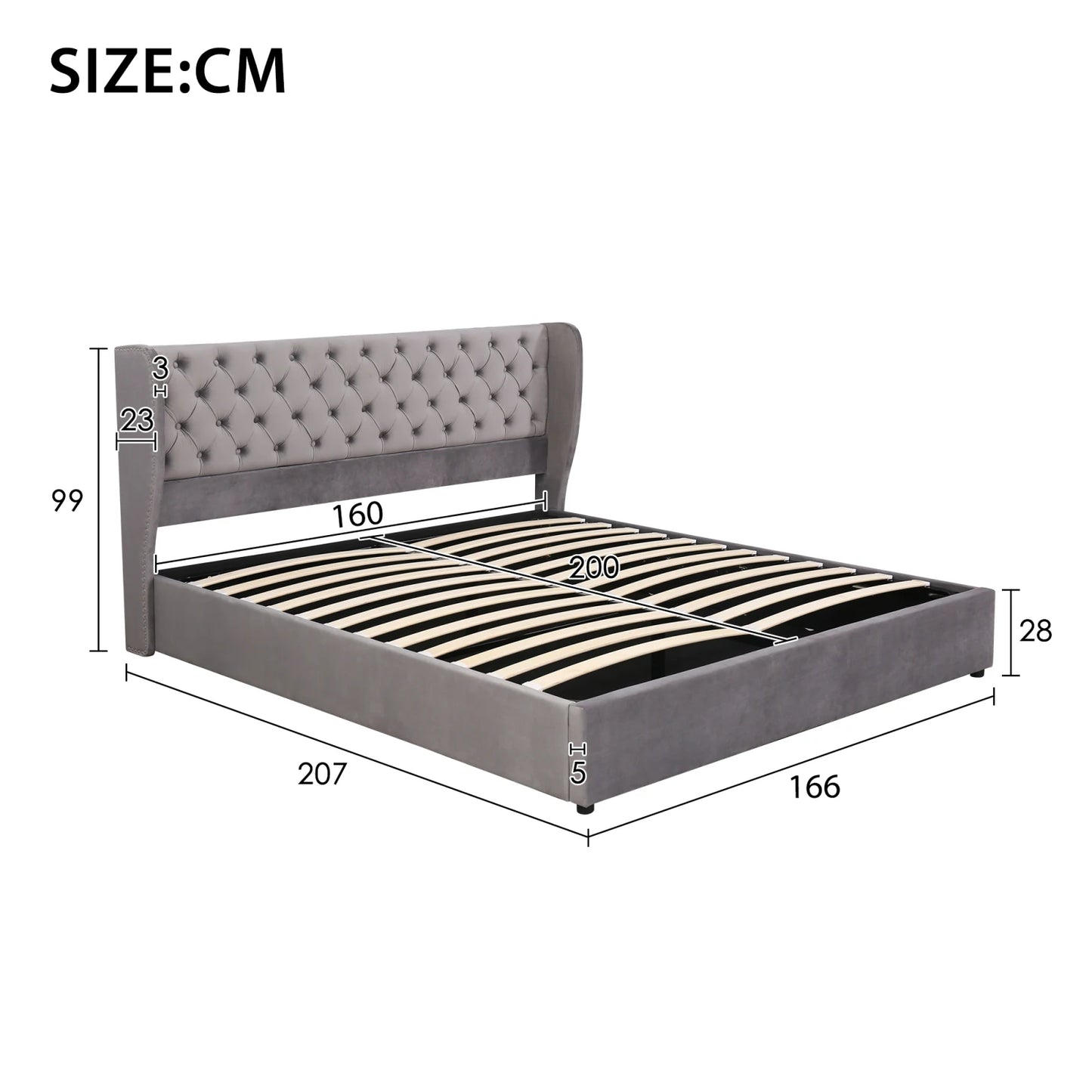 Fangange gepolstertes ohrenförmiges Bett, komplettes/Queensize-/King-/Doppelbett, hydraulisches Funktionsbett mit Lattenrost und Stauraum, Samt