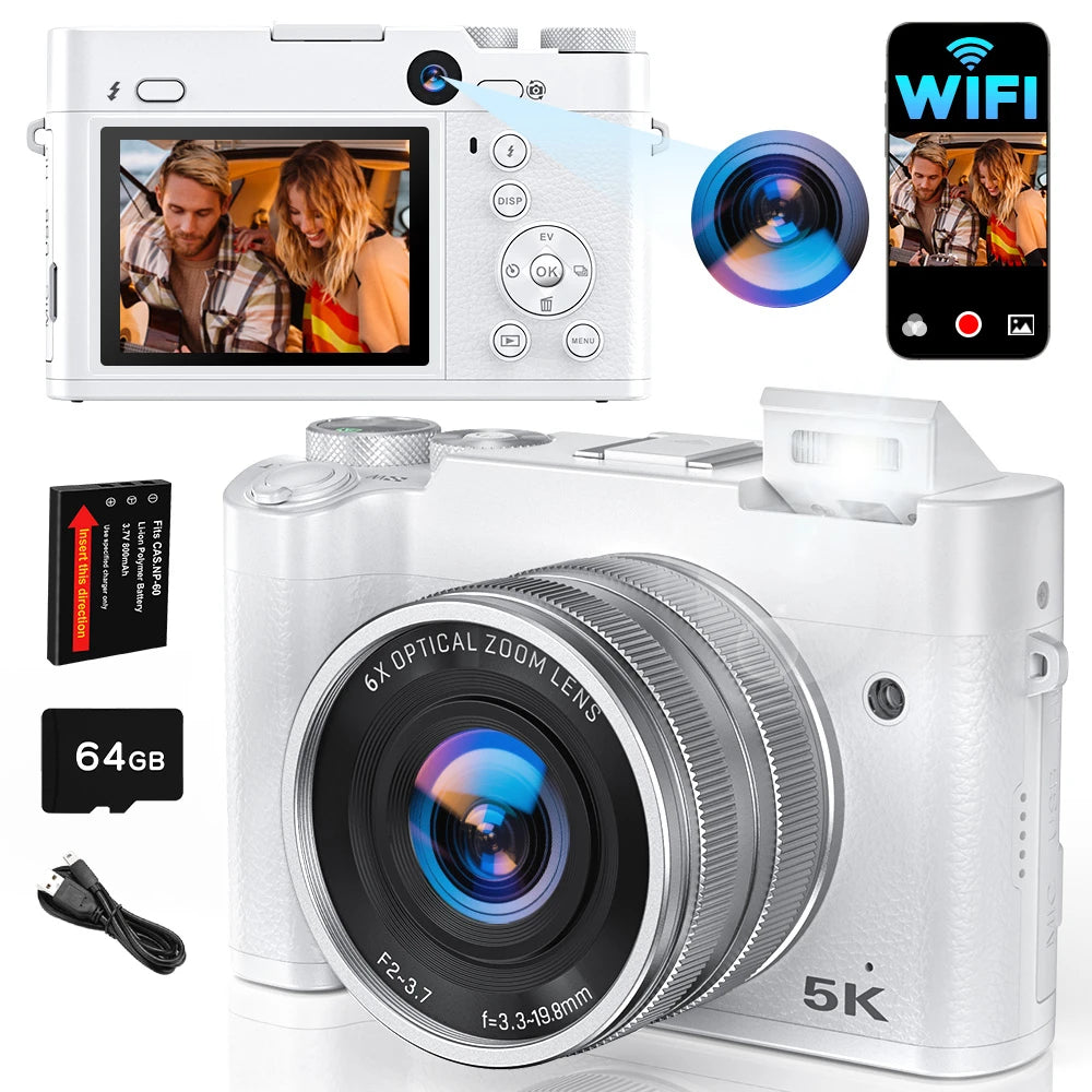 5K 64MP WiFi Digital Camera, 6X Optical Zoom, 30FPS Vlogging Camera, Rear & Front Cameras for Photography and Video, 64GB Card.