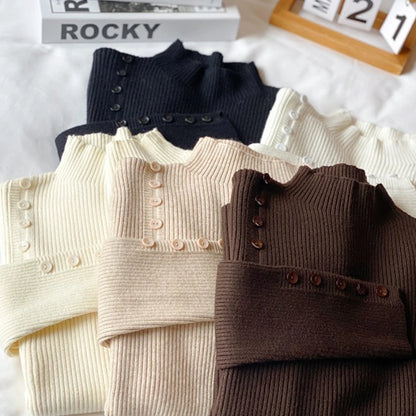 Langarm Beiläufige Dünne Pullover Mode Taste Grundlegende Gestrickte Tops Frauen Rollkragenpullover Koreanische Mode Einfache Chic Kleidung