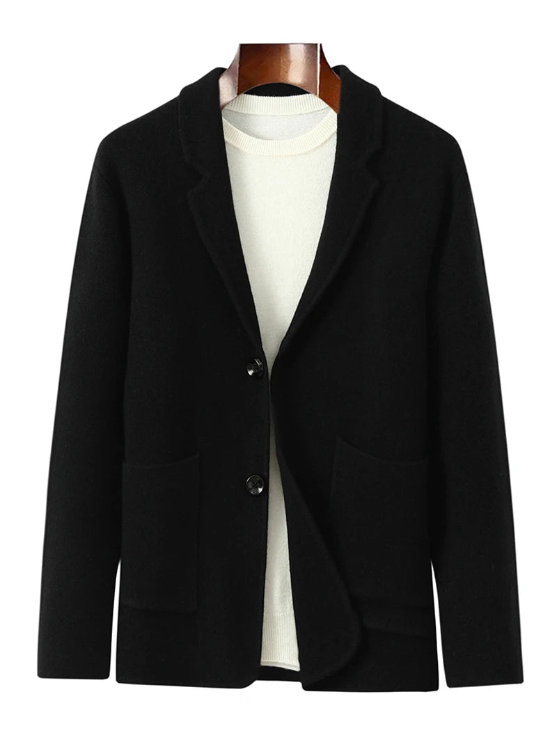 100%Cashmere Suit Men's Suit Collar Knitted Cardigan Business Casual Coat High Waisted Knitted Shorts Winter Thick Two-piece Set.