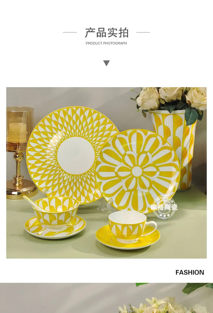 European style tableware, bone china, geometric creativity, home style steak plate dining plate, sunshine cup and plate set gift