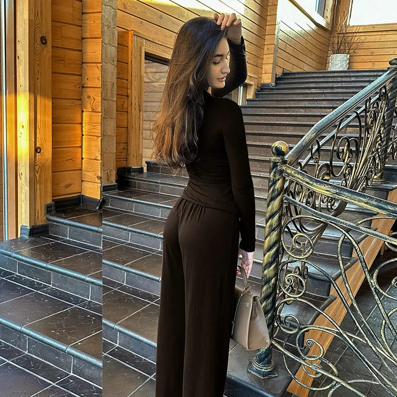 Apprabant Solid Pleated Casual Basic Trousers Set Round Neck Long Sleeve Top Fashion Sports Style High Waist Wide Leg Pants Suit