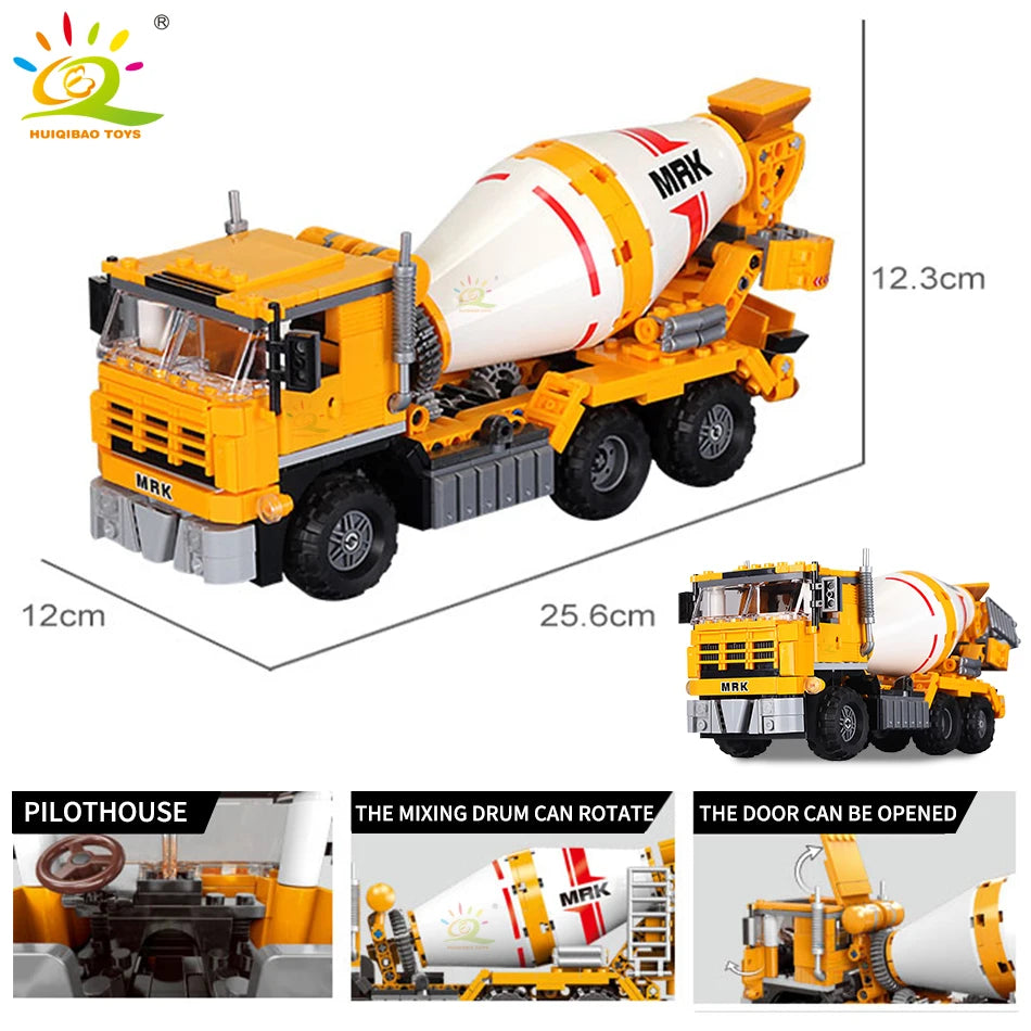 HUIQIBAO Engineering Truck Building Blocks Vehicle Excavator Bulldozer Crane Car Bricks City Construction Toys For Children Boys.