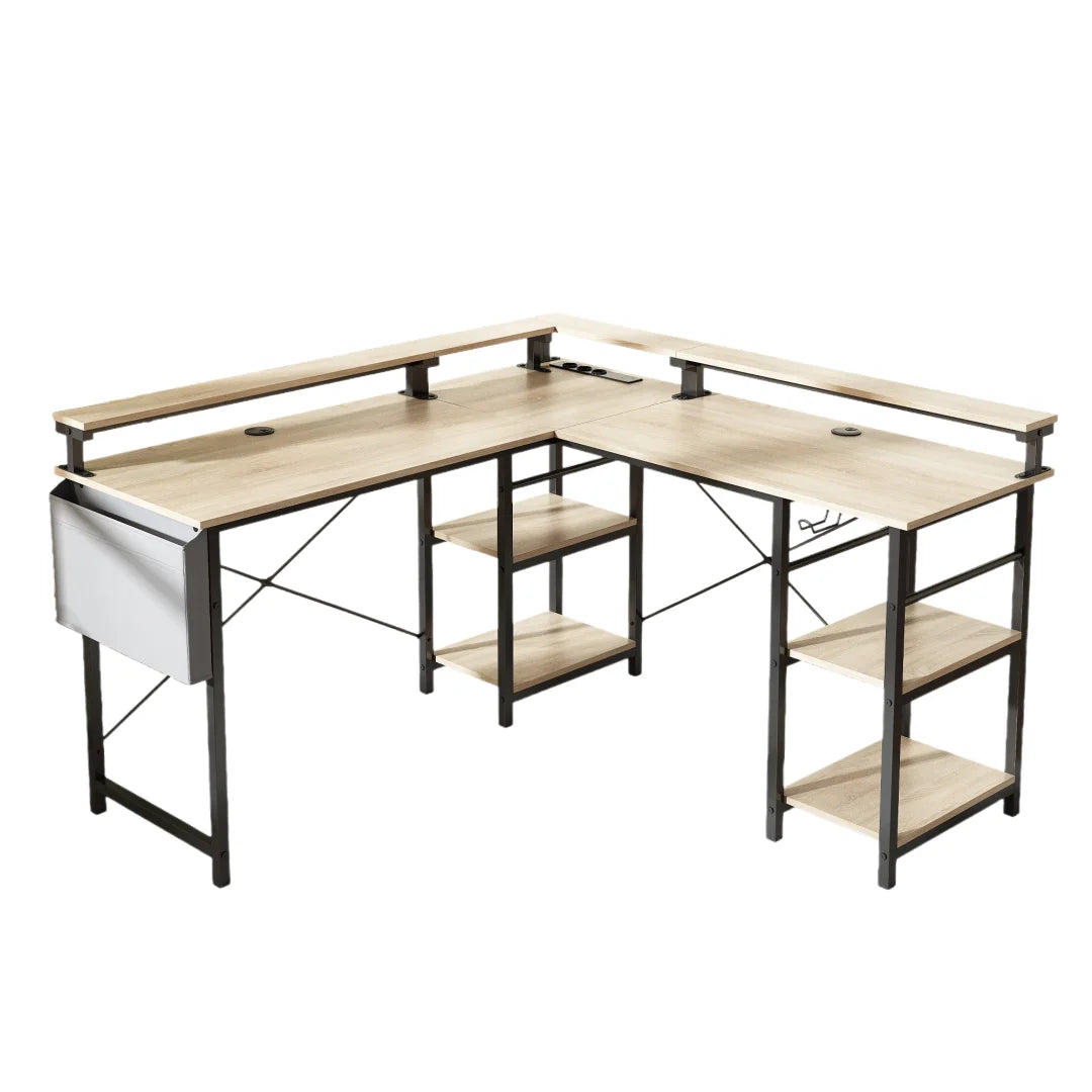 Eckschreibtisch mit Doppelablage L-förmig Computer Tisch mit Regal und Haken höhenverstellbar 140cm