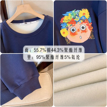 150kg plus size Damen büste Herbst Winter lose Rundhals ausschnitt Fleece warmes Sweatshirt bedrucktes Oberteil blau 5xl 6xl 7xl 8xl 9xl