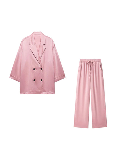 Women's Double-Breasted Loose Blazer Coat and High Elastic Waist Wide Leg Pants, Female Two Piece Sets, Fashion.