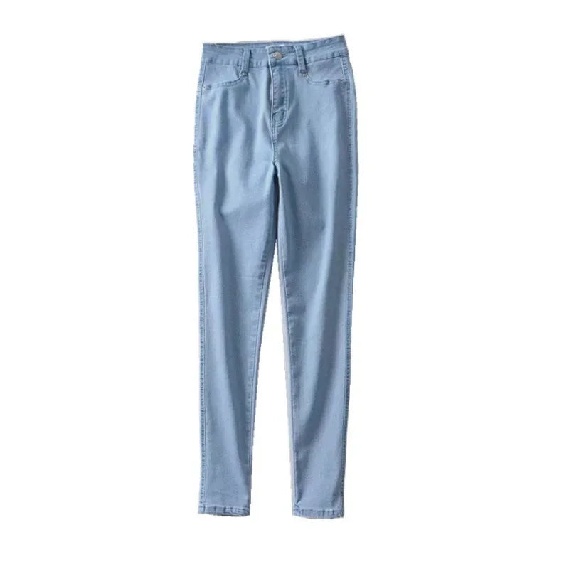 High Waist plus Size Denim Jeans Women's Tight Fit Butt Enhancing Pencil Pants New Arrival Light Blue Casual Long Trousers.