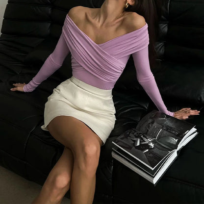 AVV Sexy Cross Pleated Off Shoulder Long Sleeve Skinny Bodysuit Ladies Hot Sexy 2024 One Piece Basic Autumn＆Spring Tops