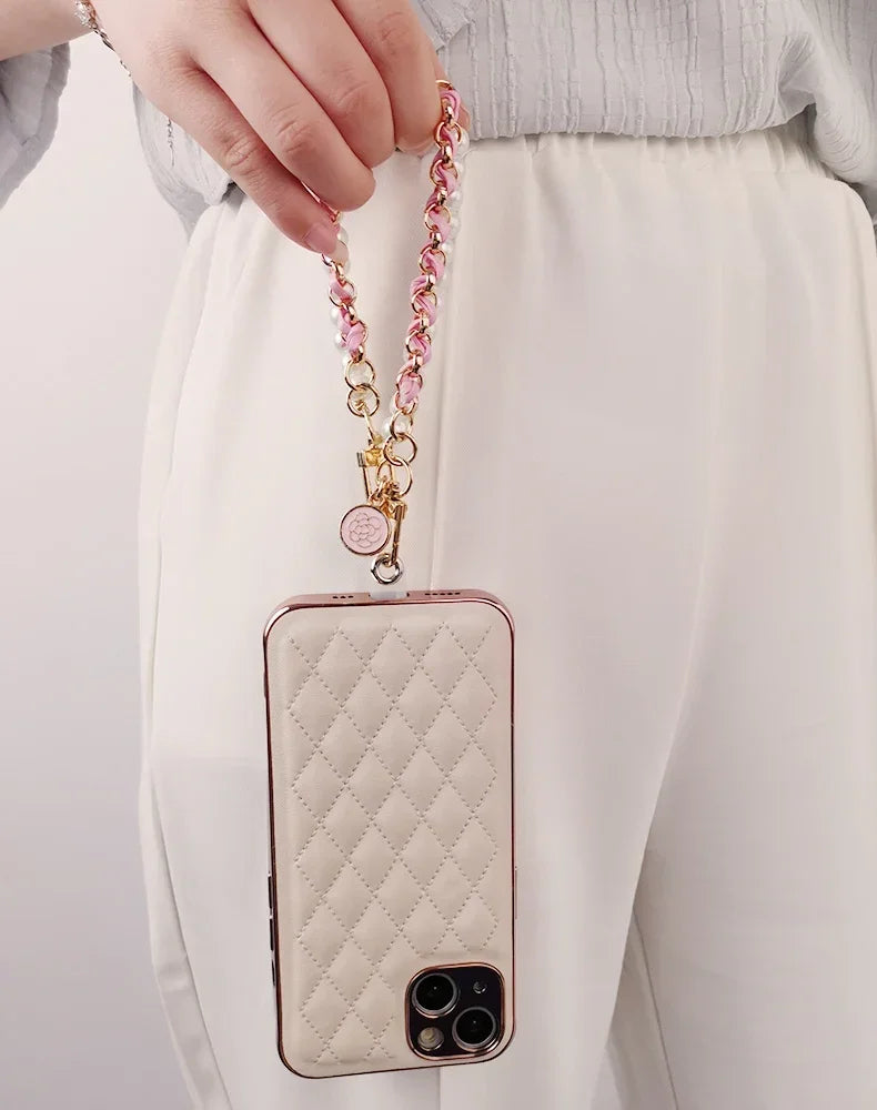 26cm Leather Pearl Camellia Mobile Phone Charm Bracelet Chain Anti-lost Universal Cell Phone Strap Rope Pendant Metal Key Chain.