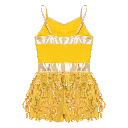 Kinder Mädchen Latin Tanz Kostüm Jazz Samba Cha-Cha Eiskunstlauf Trikot Kleid glänzende Pailletten Quaste Bodysuit für Bühnen performance.