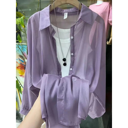 1pcs Woman Four Seasons Shirt Lady Thin Sunscreen Shirts Female Casual Long Sleeve Turn-down Collar Loose Med-Length Style Tops