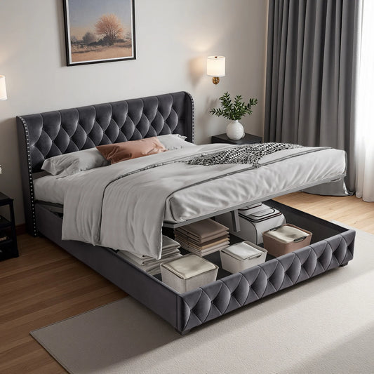 Rosahqnda Polsterbett 180 x 200 cm, hydraulisches Bett mit Aufbewahrungsfunktion, eleganter Bettrahmen im europäischen Stil, Erwachsene, Grau, Samt