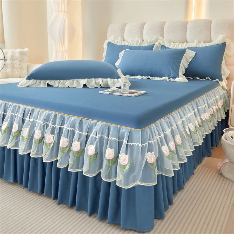 Floral Style Bed Skirt Embroidered Bed Cover Single/Queen/King Size Bed Linen Home Sheet with Skirt 침대스커트(Pillowcase Need Order)