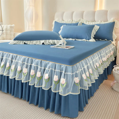 Floral Style Bed Skirt Embroidered Bed Cover Single/Queen/King Size Bed Linen Home Sheet with Skirt 침대스커트(Pillowcase Need Order)