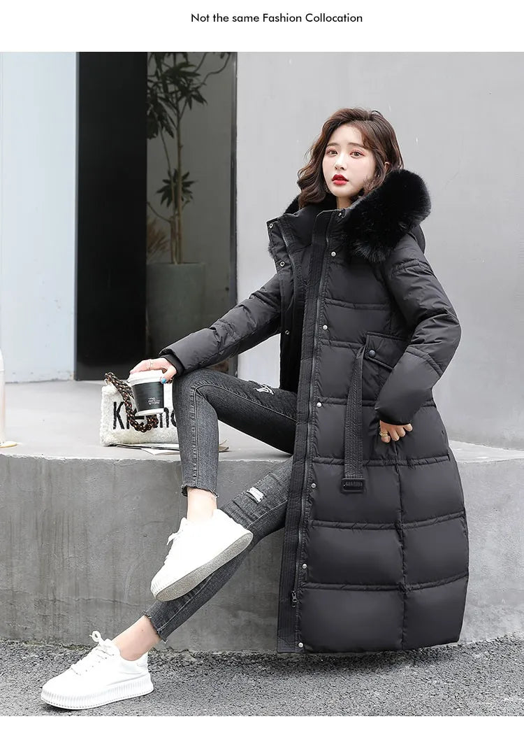 2024 neue Winter frauen Gepolsterte Jacken Mid-länge Modische Mit Kapuze Große Pelz Kragen Lose Dicke Unten Baumwolle Oberbekleidung damen.