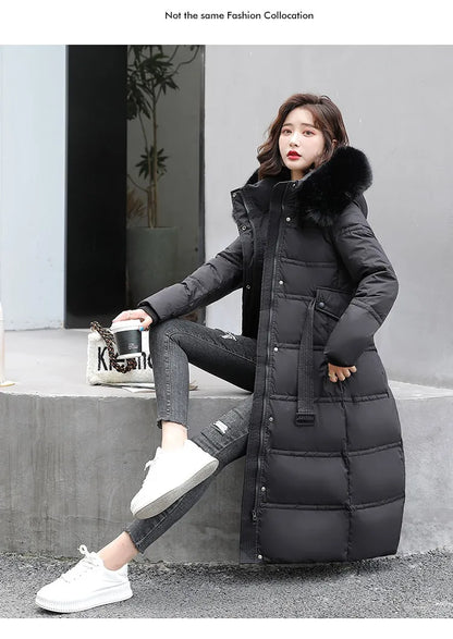 2024 neue Winter frauen Gepolsterte Jacken Mid-länge Modische Mit Kapuze Große Pelz Kragen Lose Dicke Unten Baumwolle Oberbekleidung damen.