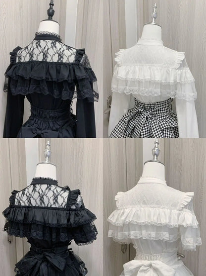 Japanese Mine Lolita Bow Shirt Subcultural Shirts Female Cute Black and White Lace Long-sleeved Short-sleeved Blouse Women.