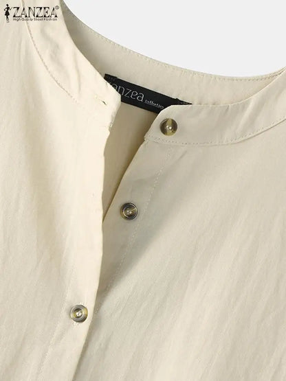 Women's Elegant Solid Cotton Robe Femme 2022 Spring Autumn Bohemian Maxi Dress ZANZEA Casual Long Sleeve Shirt Dresses Oversized.