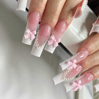 24pcs Medium Square White French Fake nails， Bow on nails Detachable And Reusable Jelly Glue 1pc Cuticle Pusher.