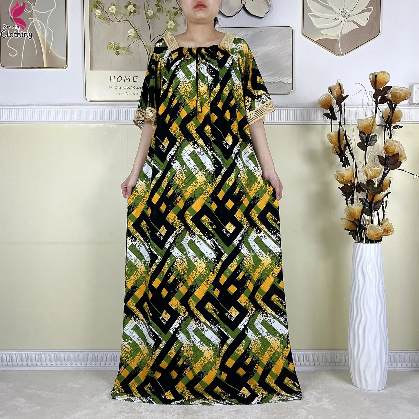 New Muslim Dubai Elegant Dress Summer Short Sleeve African Abaya Printing Cotton Loose Femme Robe Islamic Dresses With Scarf.