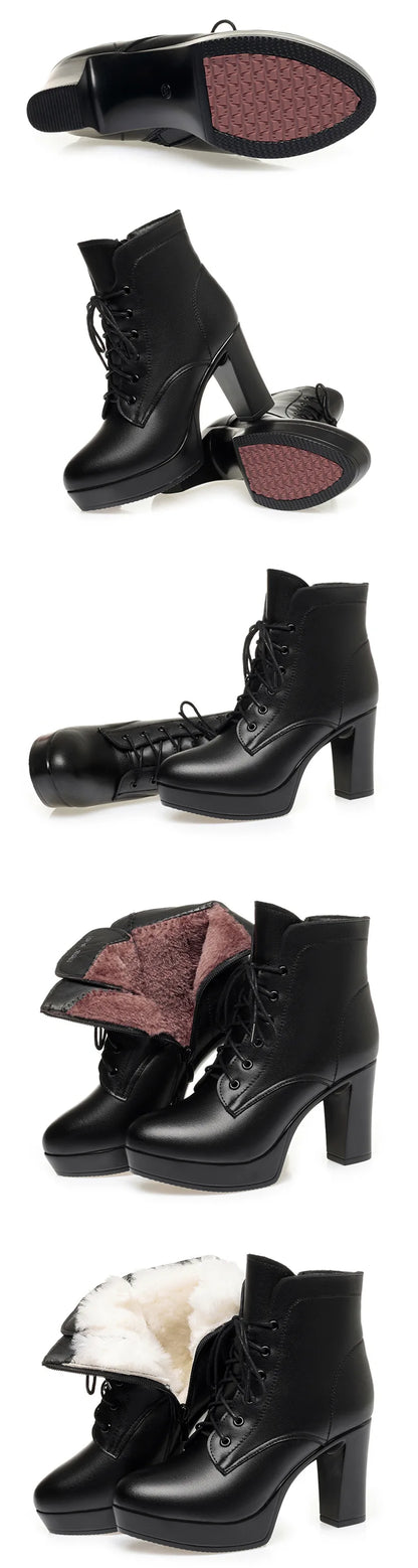 WOIZGIC Laides Women's Female Genuine Leather Ankle Boots Winter Autumn Fur Plush Wool Warm High Heel Motorcycle.