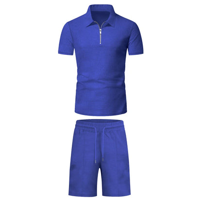 Men's Comfortable Short-Sleeved Waffle Polo Shirt And Shorts Set - Breathable Lightweight Spring/Summer Clothing.