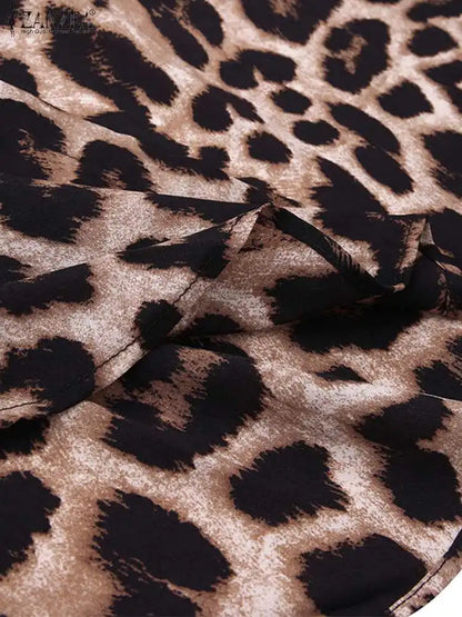 ZANZEA Party Vintage Leopard Robe Frauen 2025, Herbst Casual Langarm Maxi Lange Vestidos Kleid Mode Übergroßen Hemd Sommerkleid