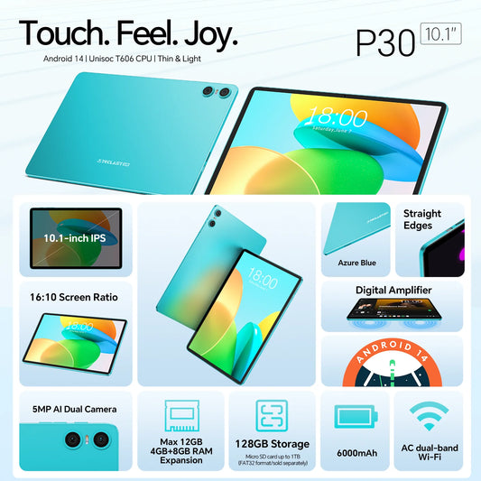 Teclast P30 Android 14 Tablet 10.1" IPS, Max 12GB RAM (4GB+8GB Expansion), 128GB ROM, UNISOC T606, Dual Cameras, Face Unlock.