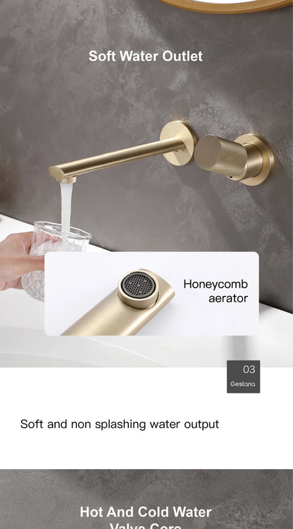Luxury brushed gold brass wall mounted adjustable water volume bathroom faucet Embedded design for hot and cold water basin Tap